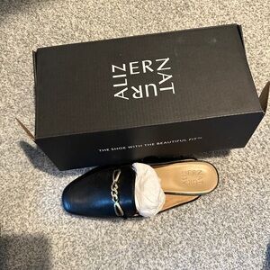 Naturalizer Black Mules with Gold Chain Accent
